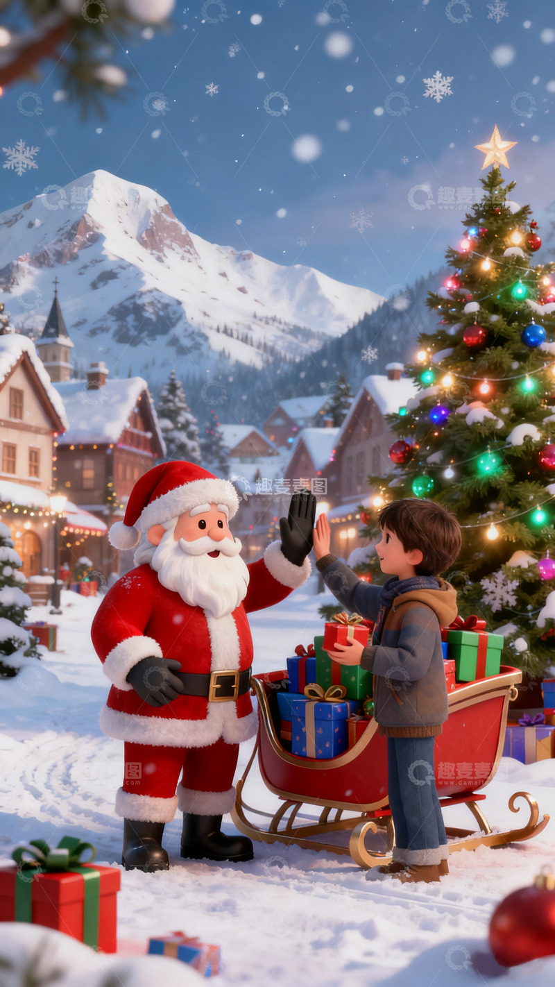高清大图下载【趣麦麦图】白色雪景圣诞老人树礼物圣诞节壁纸3