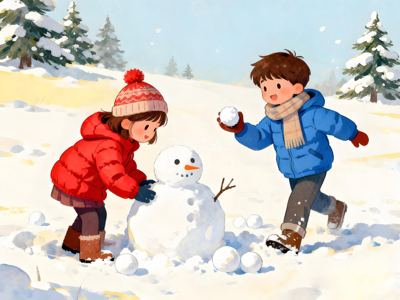 高清大图下载【趣麦麦图】冬日童趣雪人卡通插画