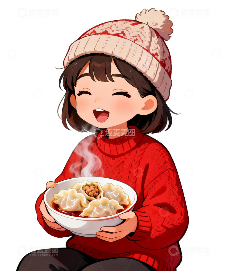 高清大图下载【趣麦麦图】卡通冬季女孩热饺子插画
