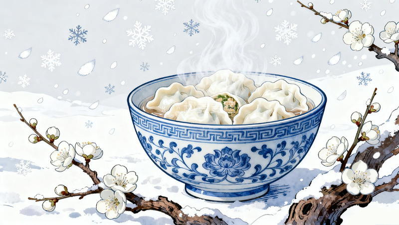 高清大图下载【趣麦麦图】雪中热饺青花瓷图案