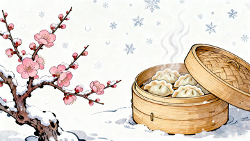 雪中蒸饺梅花图