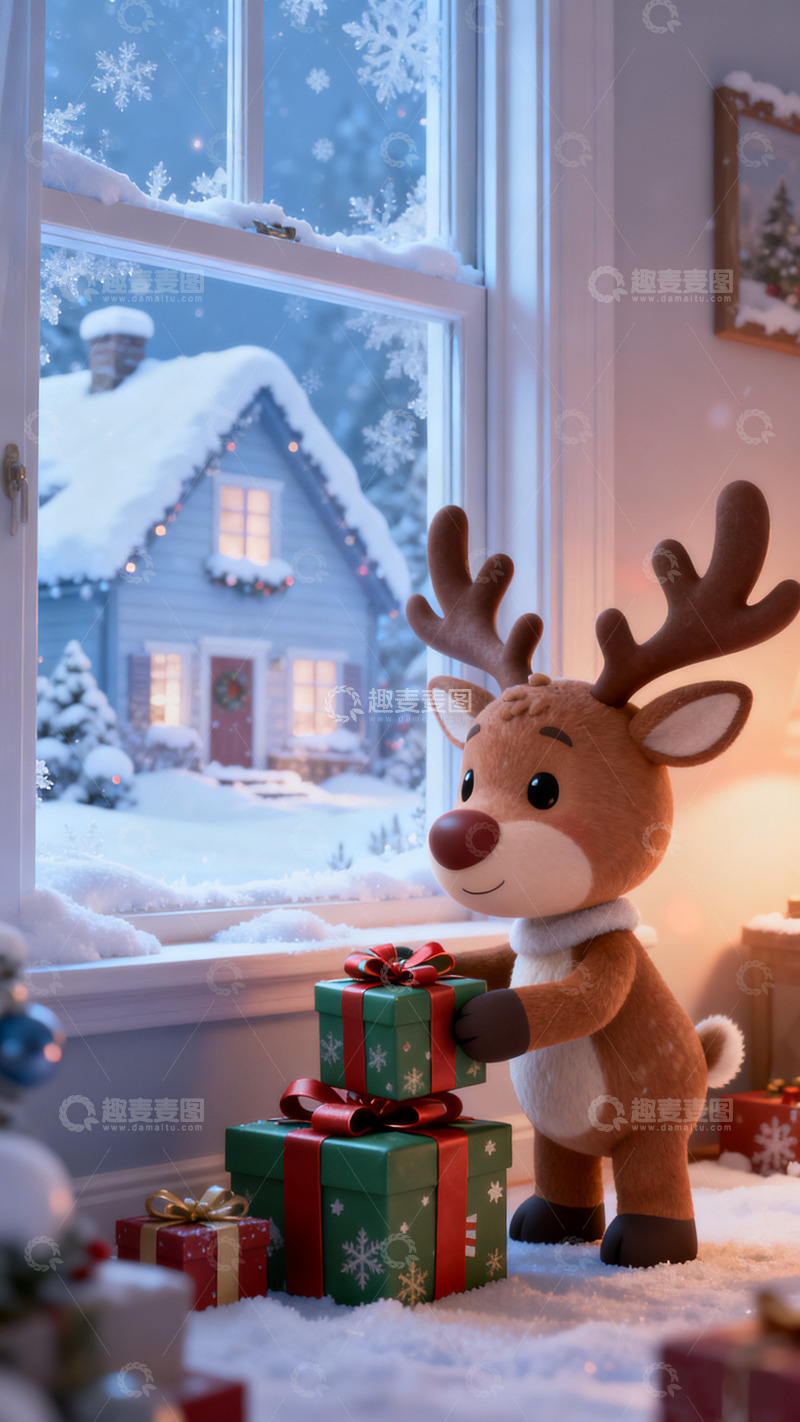 高清大图下载【趣麦麦图】浅色房屋雪景小鹿卡通立体可爱圣诞节海报4