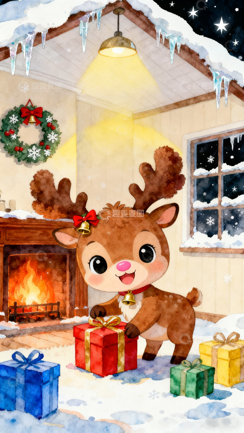 高清大图下载【趣麦麦图】浅色房屋雪景小鹿卡通立体可爱圣诞节海报