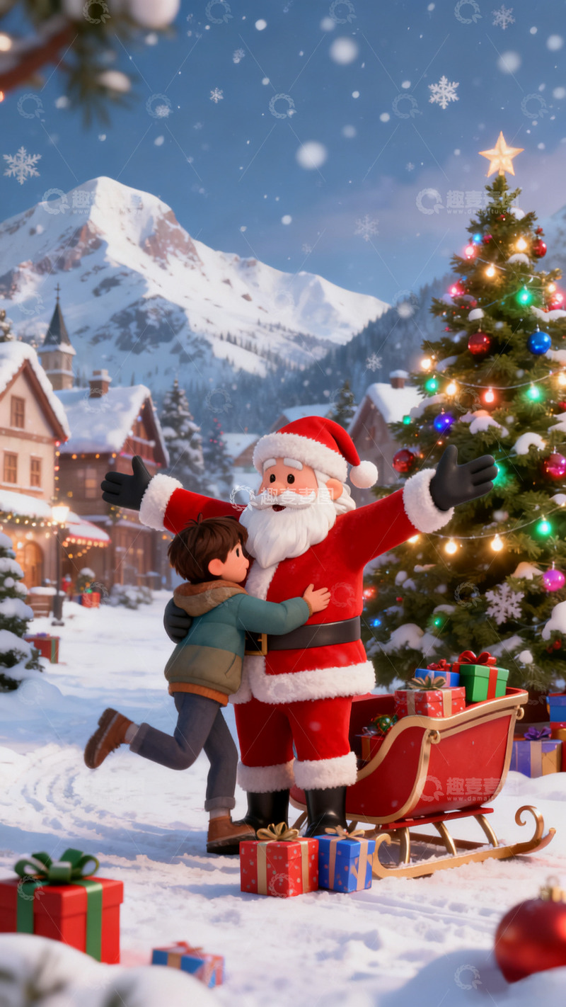 高清大图下载【趣麦麦图】白色雪景圣诞老人树礼物圣诞节壁纸