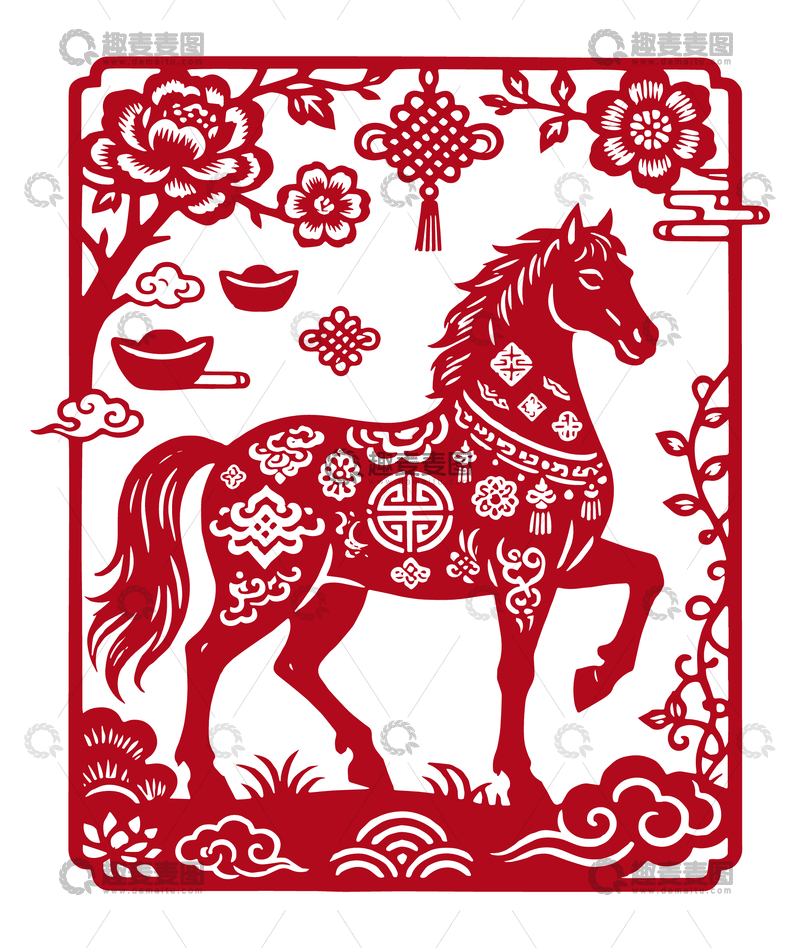 源文件下载【趣麦麦图】-传统中国马年剪纸艺术