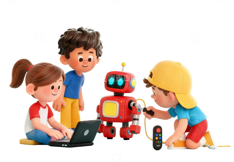 高清大图下载【趣麦麦图】-卡通儿童机器人互动场景