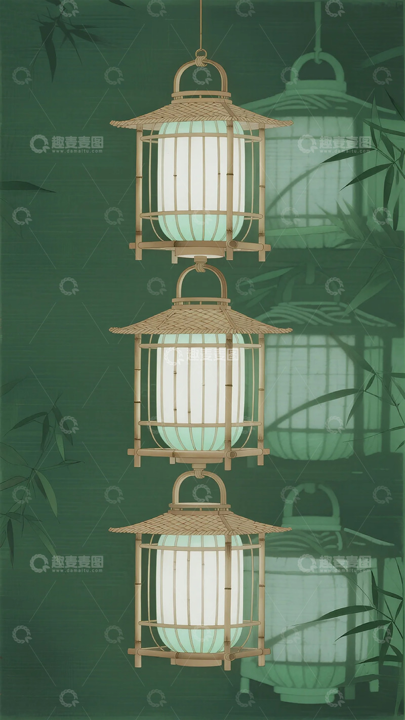 高清大图下载【趣麦麦图】竹编灯笼东方韵味装饰插画