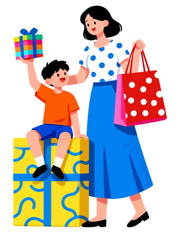 卡通亲子购物欢乐场景插画