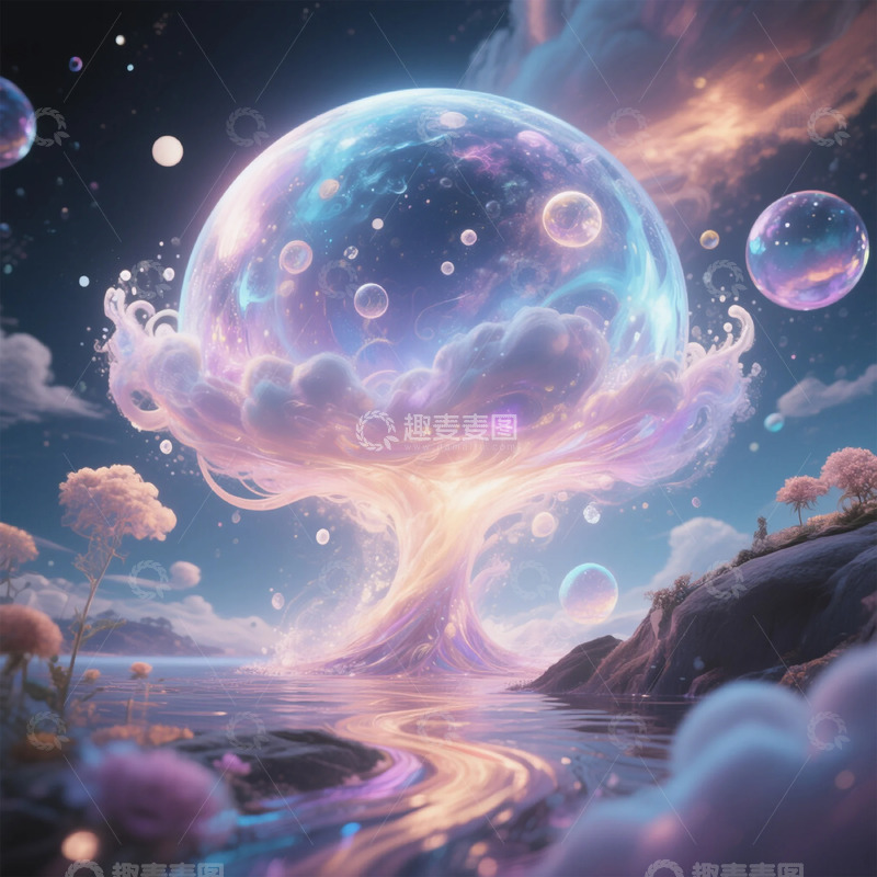 高清大图下载【趣麦麦图】梦幻星球树水景艺术插画