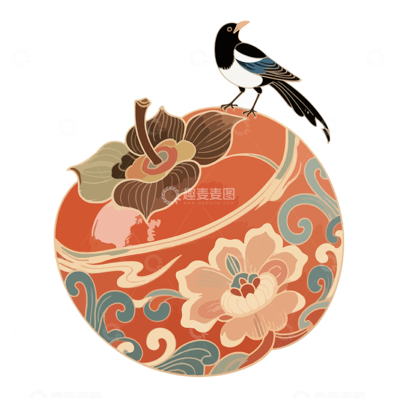 源文件下载【趣麦麦图】国潮柿子燕子插画