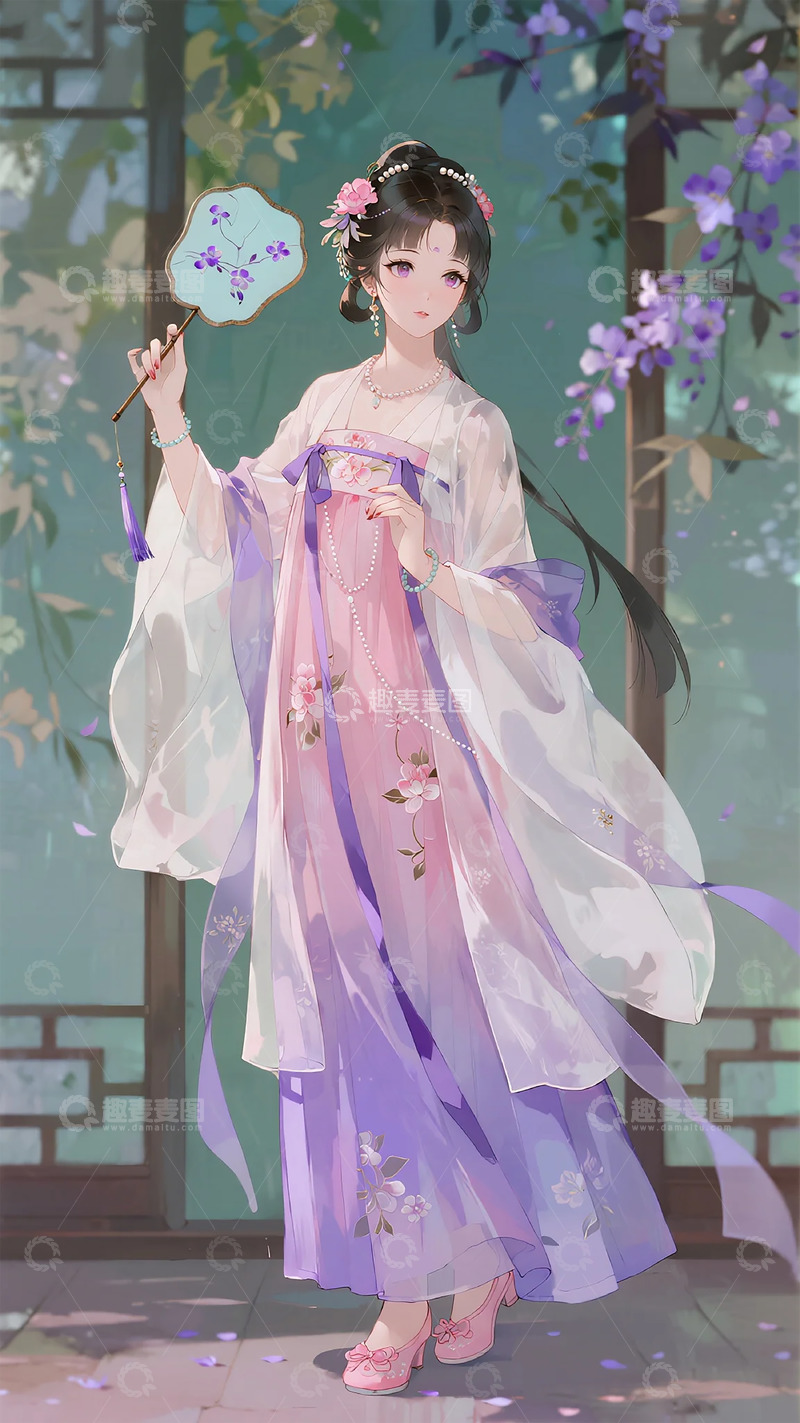 高清大图下载【趣麦麦图】古风少女手持团扇插画素材