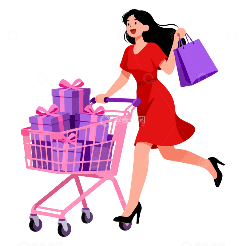 源文件下载【趣麦麦图】-推购物车的女人