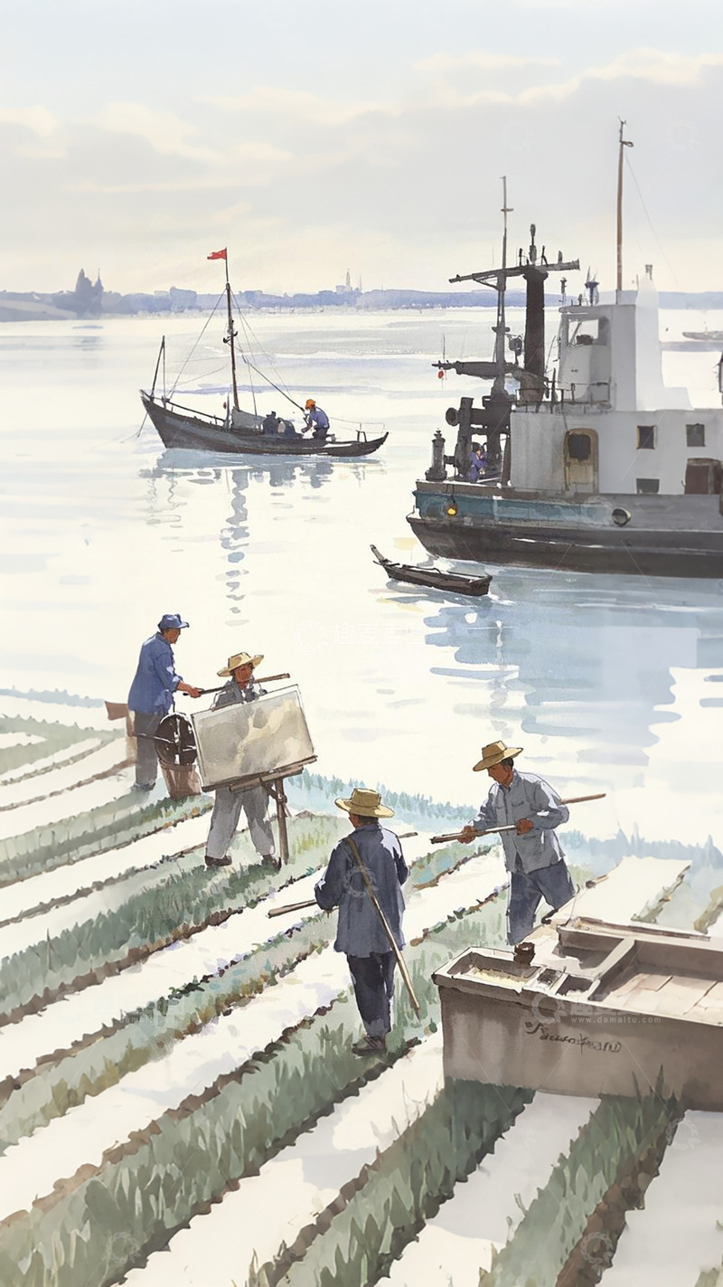 高清大图下载【趣麦麦图】江边农事 水彩纪实图景