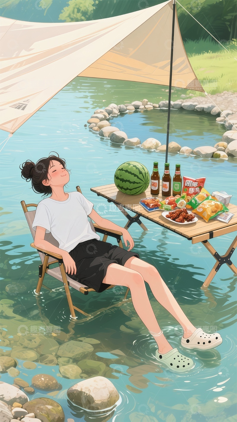 高清大图下载【趣麦麦图】夏日溪边露营插画