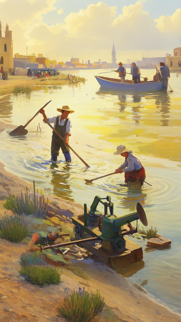 河畔劳作 油画复古风情