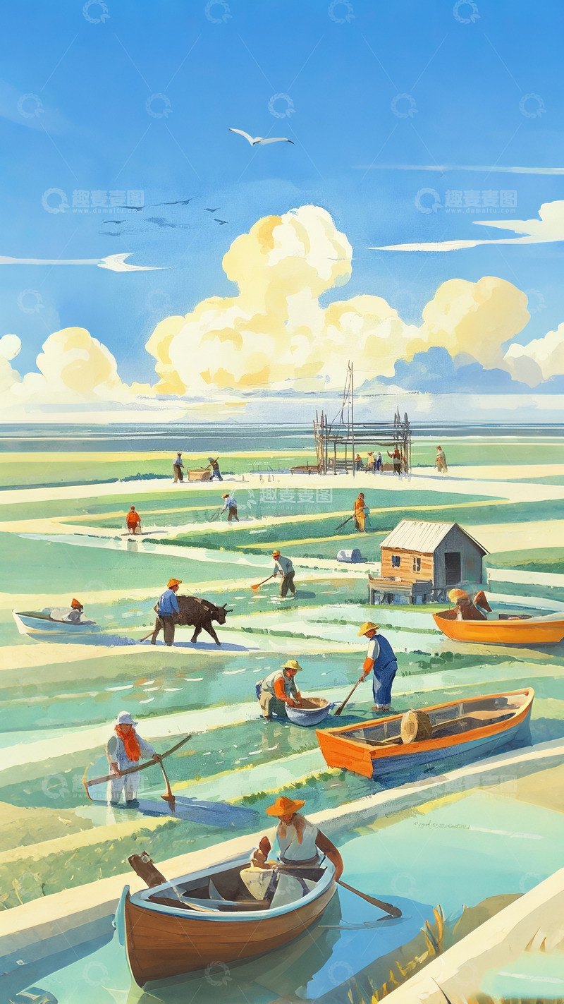 高清大图下载【趣麦麦图】水域劳作 明快色彩生活