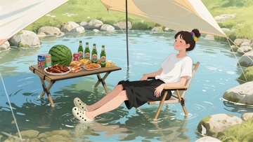 夏日水边露营插画