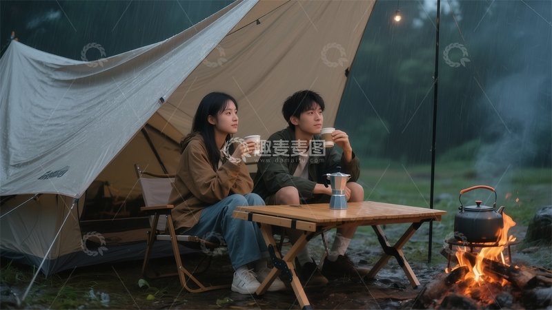 高清大图下载【趣麦麦图】雨中露营浪漫时光男女户外
