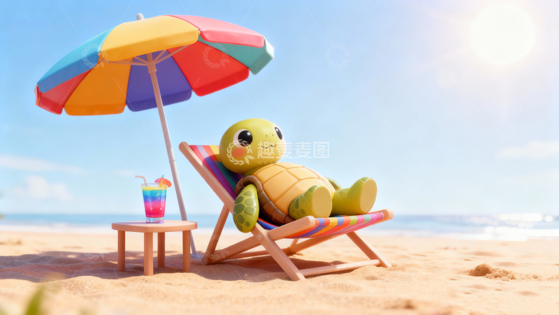 高清大图下载【趣麦麦图】夏日沙滩海龟休闲图
