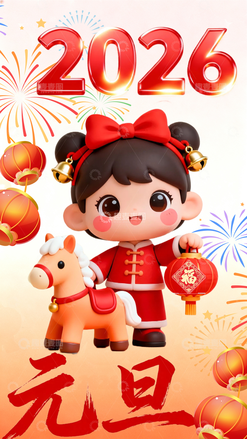 源文件下载【趣麦麦图】卡通风2026元旦庆祝插画