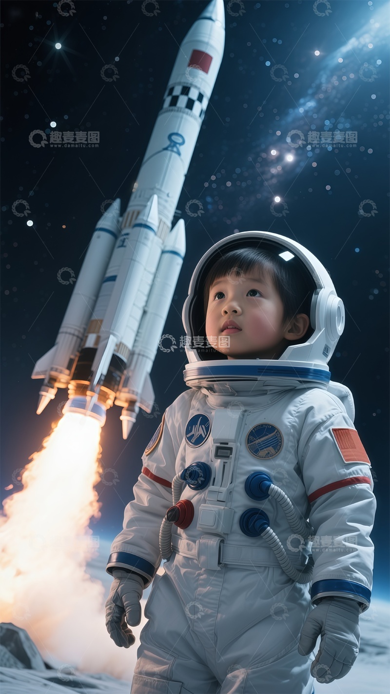 高清大图下载【趣麦麦图】太空梦小宇航员与火箭摄影图