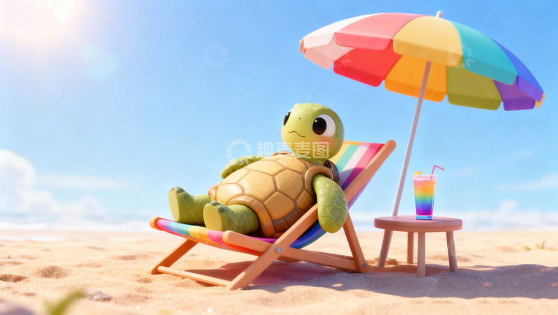高清大图下载【趣麦麦图】卡通海滩乌龟度假图