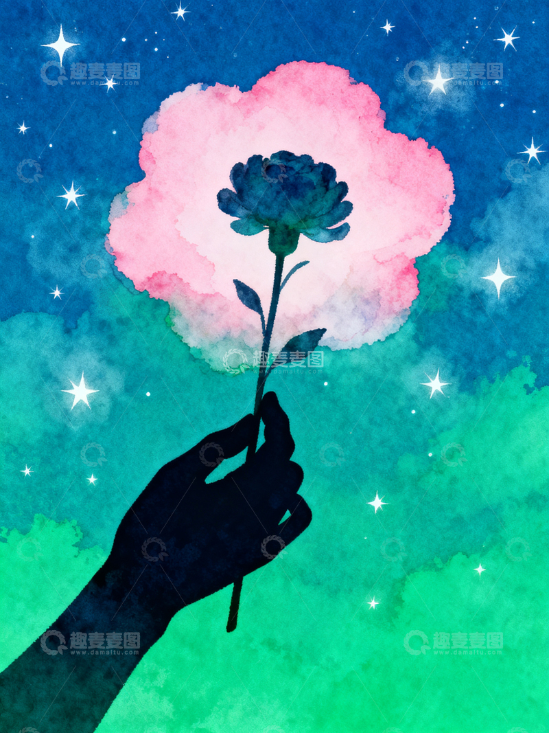 高清大图下载【趣麦麦图】星空下手拿花朵背景素材