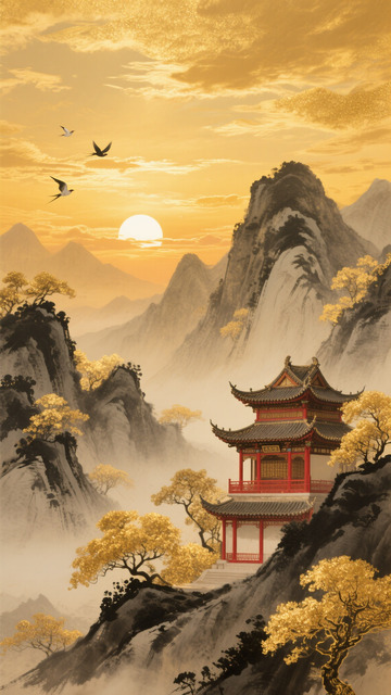 复古中式山水凉亭背景素材