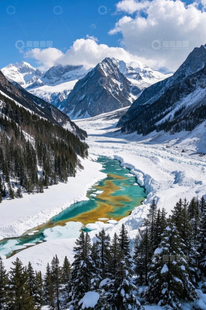 高清大图下载【趣麦麦图】雪山下河流与森林景观