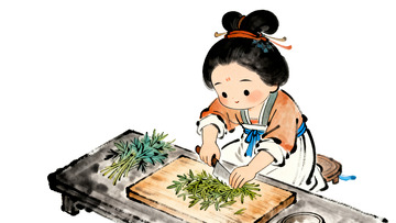 水彩风古代做饭场景插画素材