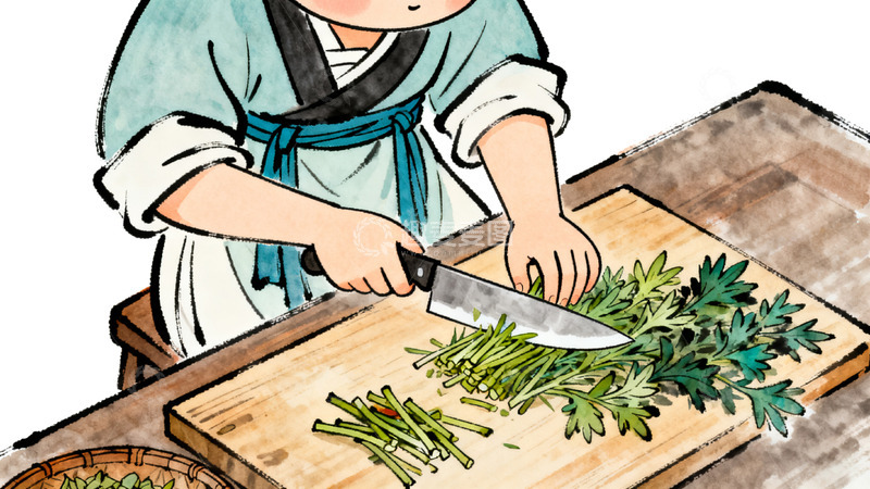 高清大图下载【趣麦麦图】卡通风古代厨师切菜制作插画素材