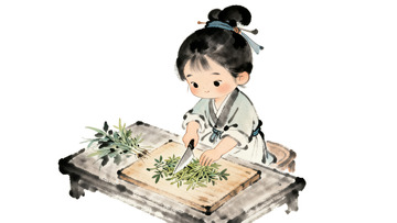 水墨风古代女子厨娘厨房切菜制作插画素材