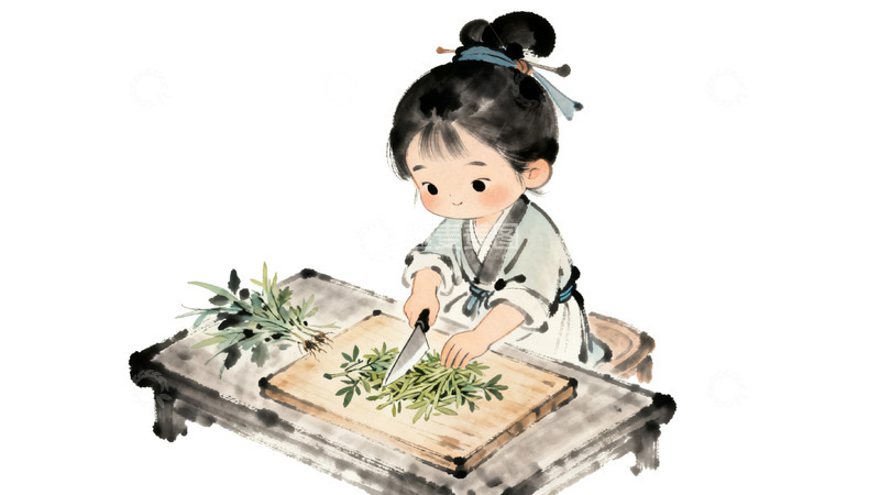 水墨风古代女子厨娘厨房切菜制作插画素材
