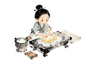 卡通风古代女子肥皂晾晒场景插画素材