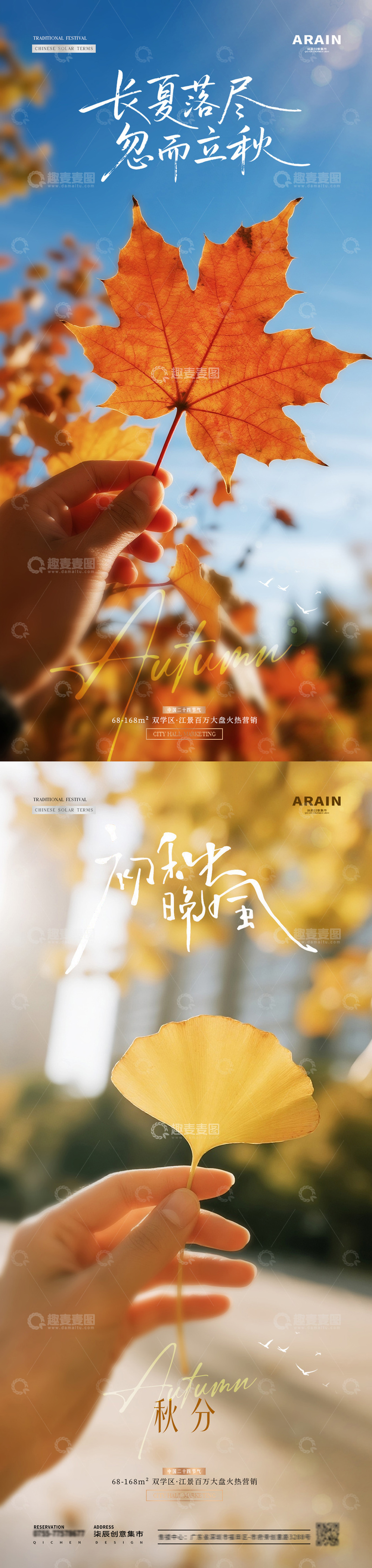 地产立秋秋分枫叶早安风景海报