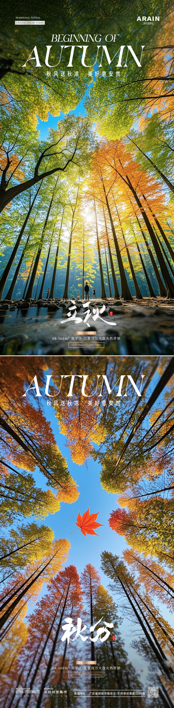 地产立秋秋分树林风景海报