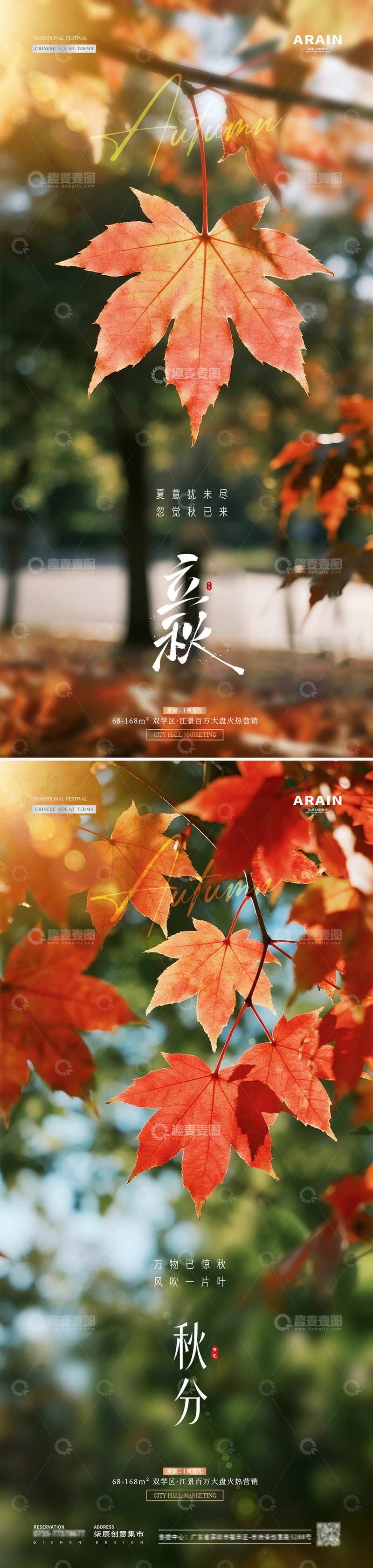 地产立秋秋分枫叶风景海报