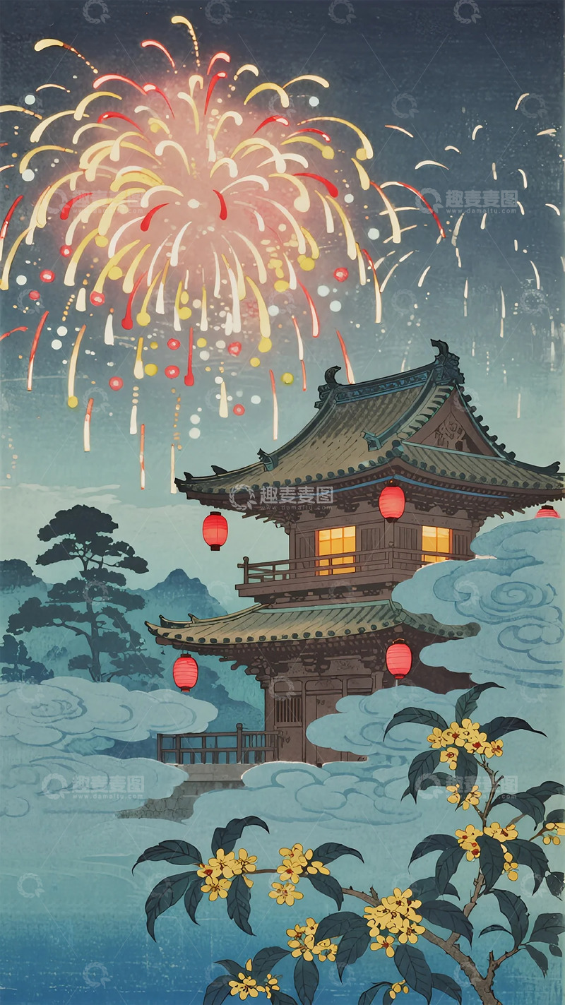 高清大图下载【趣麦麦图】古风建筑烟花夜景绘画