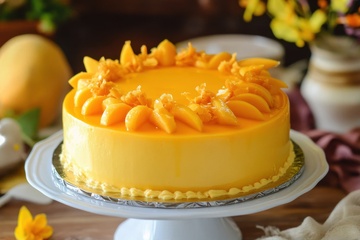 桌面上的芒果奶油蛋糕