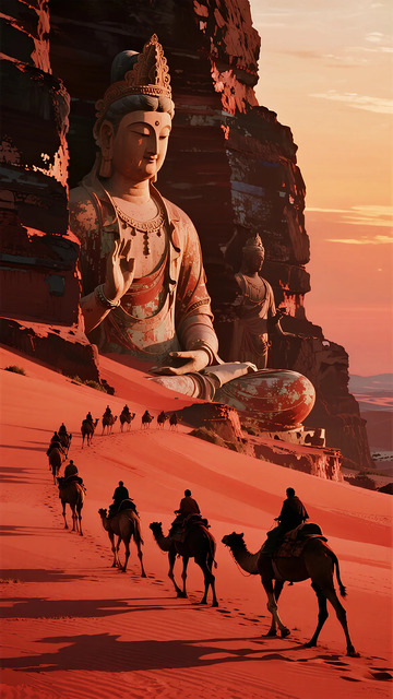 沙漠佛像骆驼队奇幻场景