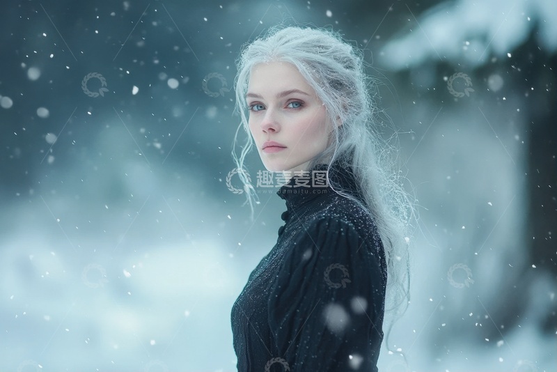 高清大图下载【趣麦麦图】冬季雪地里的白发女性