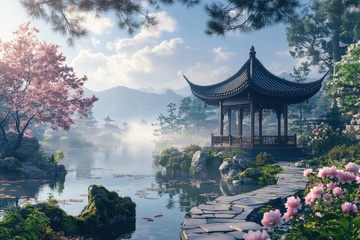 园林湖泊凉亭建筑美景