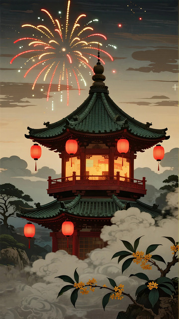 东方古典建筑烟花夜景插画