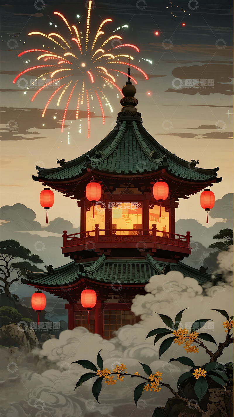 高清大图下载【趣麦麦图】东方古典建筑烟花夜景插画