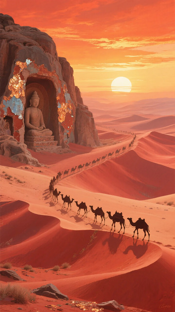 沙漠佛像骆驼日落景观