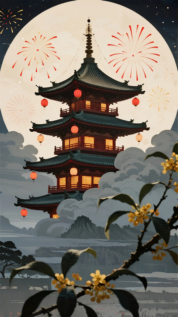 东方古风中秋夜塔楼喜庆图