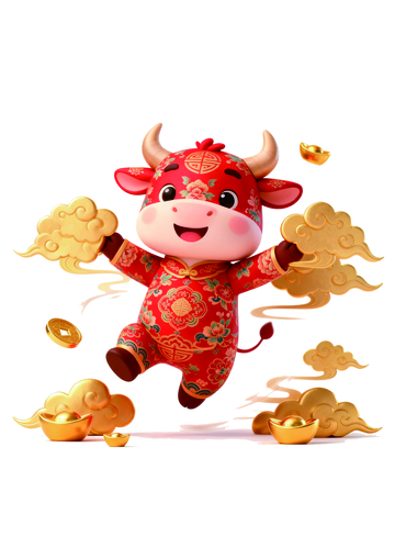 喜庆牛年吉祥物金元宝祥云插画