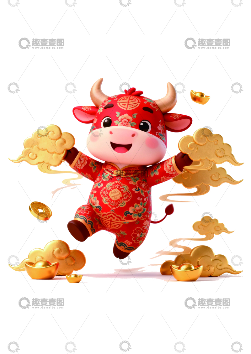 源文件下载【趣麦麦图】-喜庆牛年吉祥物金元宝祥云插画