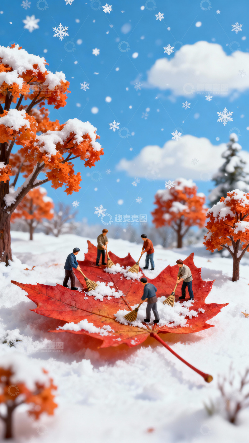 高清大图下载【趣麦麦图】冬季红色枫叶卡通背景素材