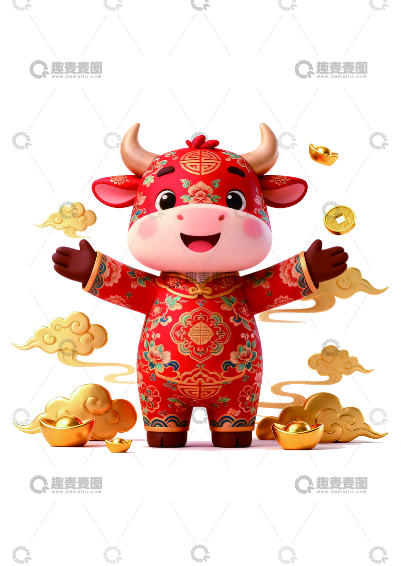 源文件下载【趣麦麦图】喜庆牛年金币祥云插画2